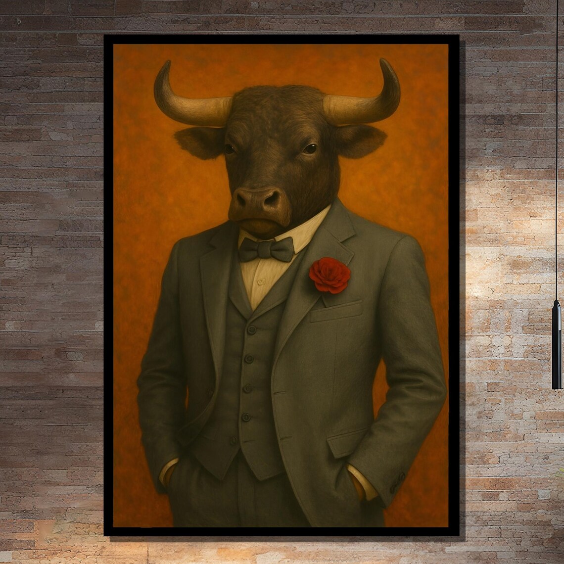 Elegant Bull In Tuxedo With Red Rose Art Print