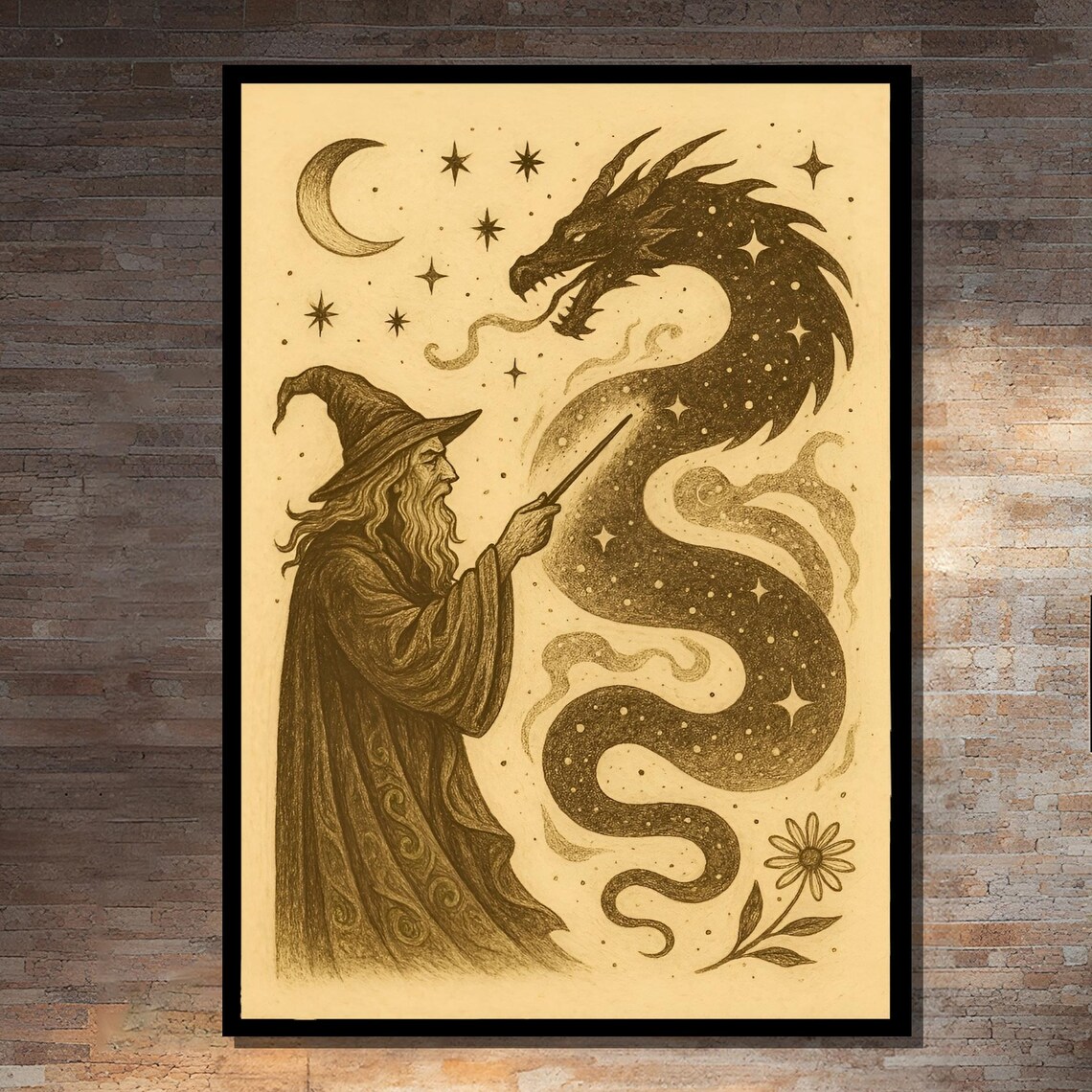 Magical Fantasy Wizard And Dragon Vintage Illustration