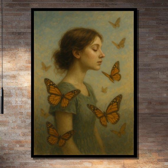 Girl With Butterflies, Blue Dress Art Print