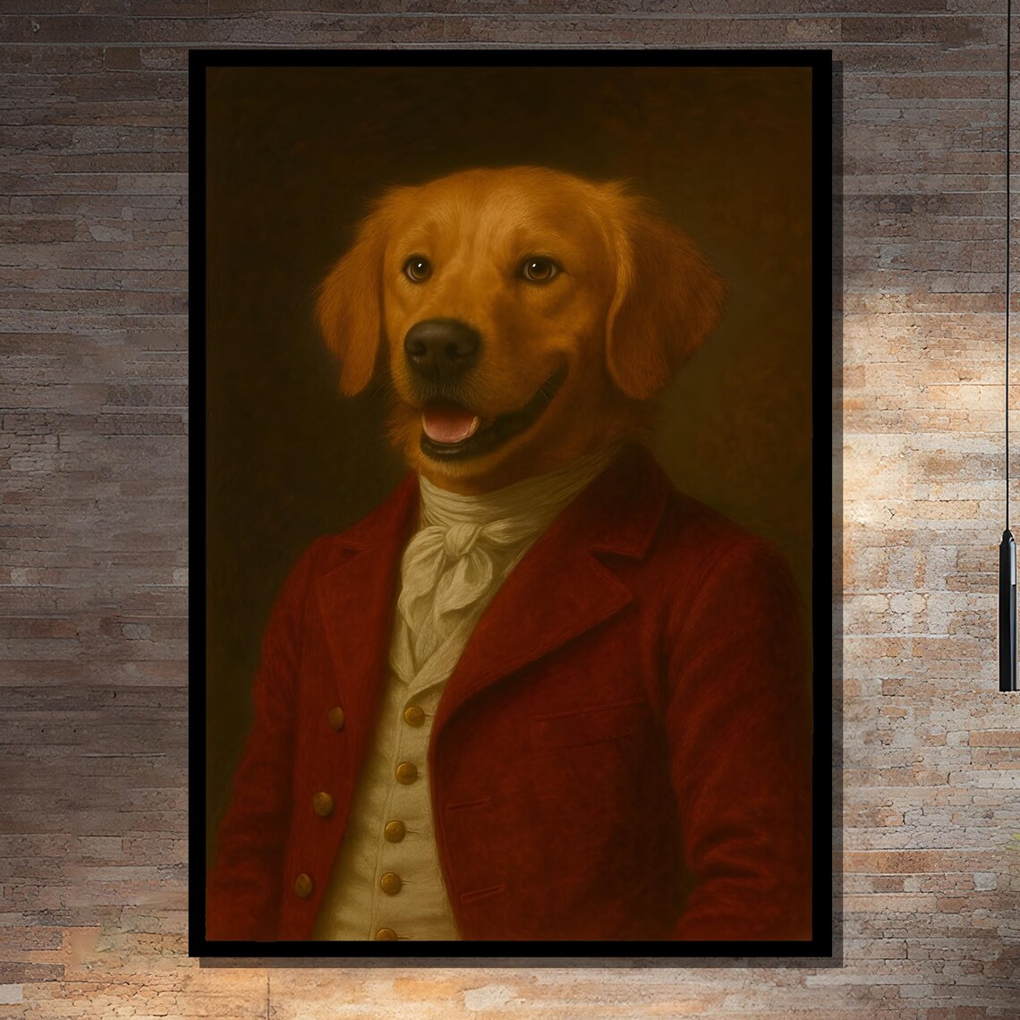 Happy Golden Retriever in Red Coat, Pet Lover Decor