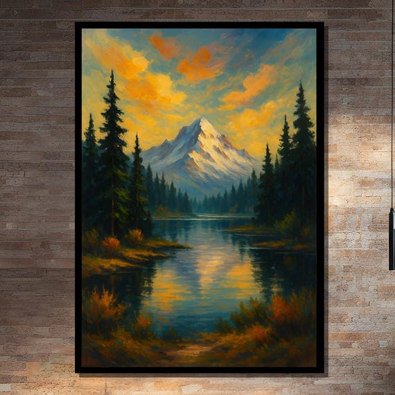 Golden Sunset Over Mountain And Lake Painting Framed Black White Gold Silver Gallery Wrapped Or Rolled Art Print Nature Decor