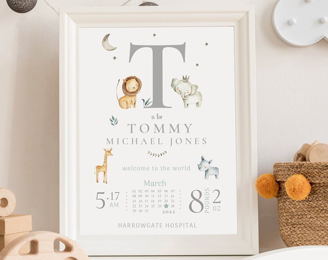 Neutral Safari Baby Birth Stat Print, Nursery Art Print