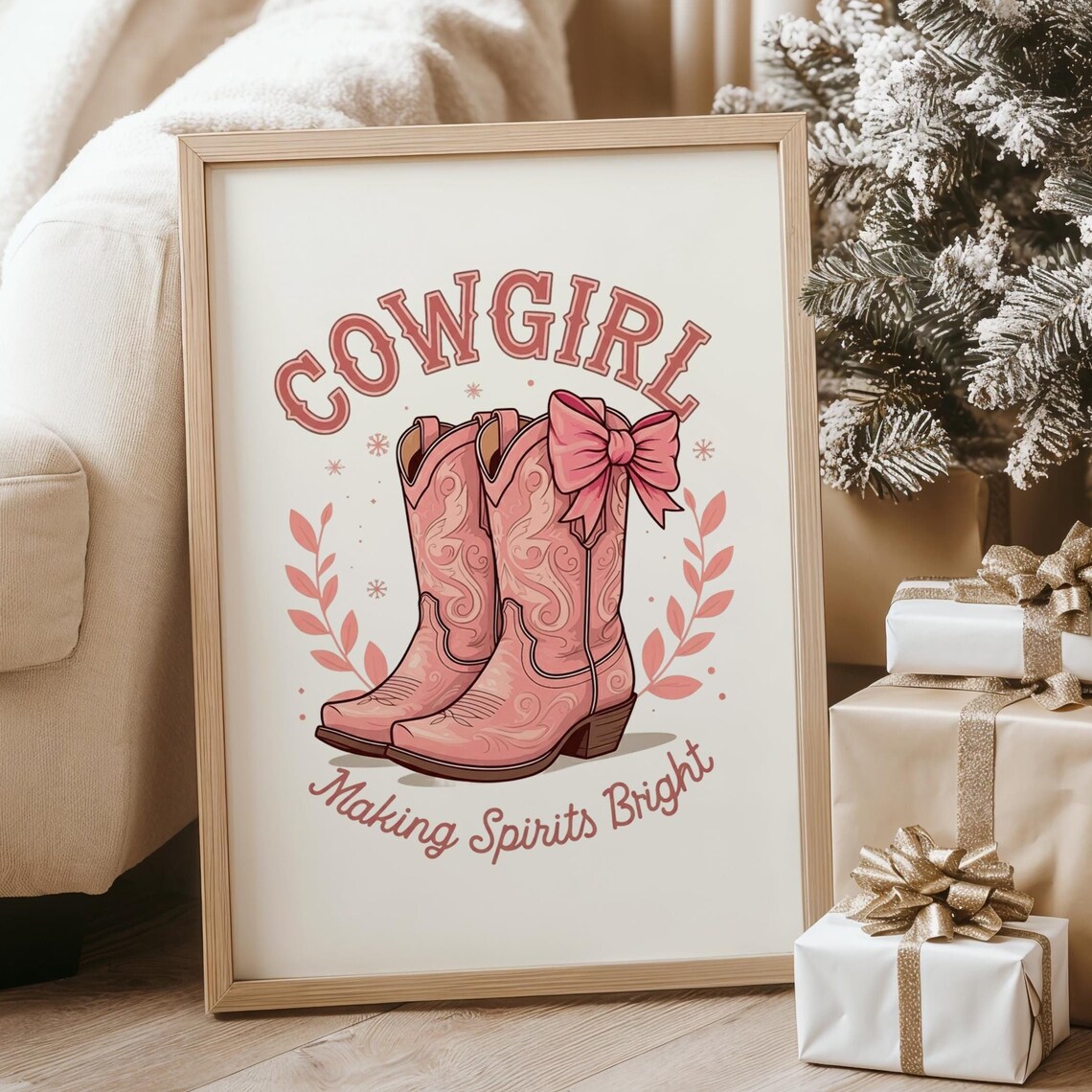 Cowgirl Making Spirits Bright Pink Boots Western Christmas Poster