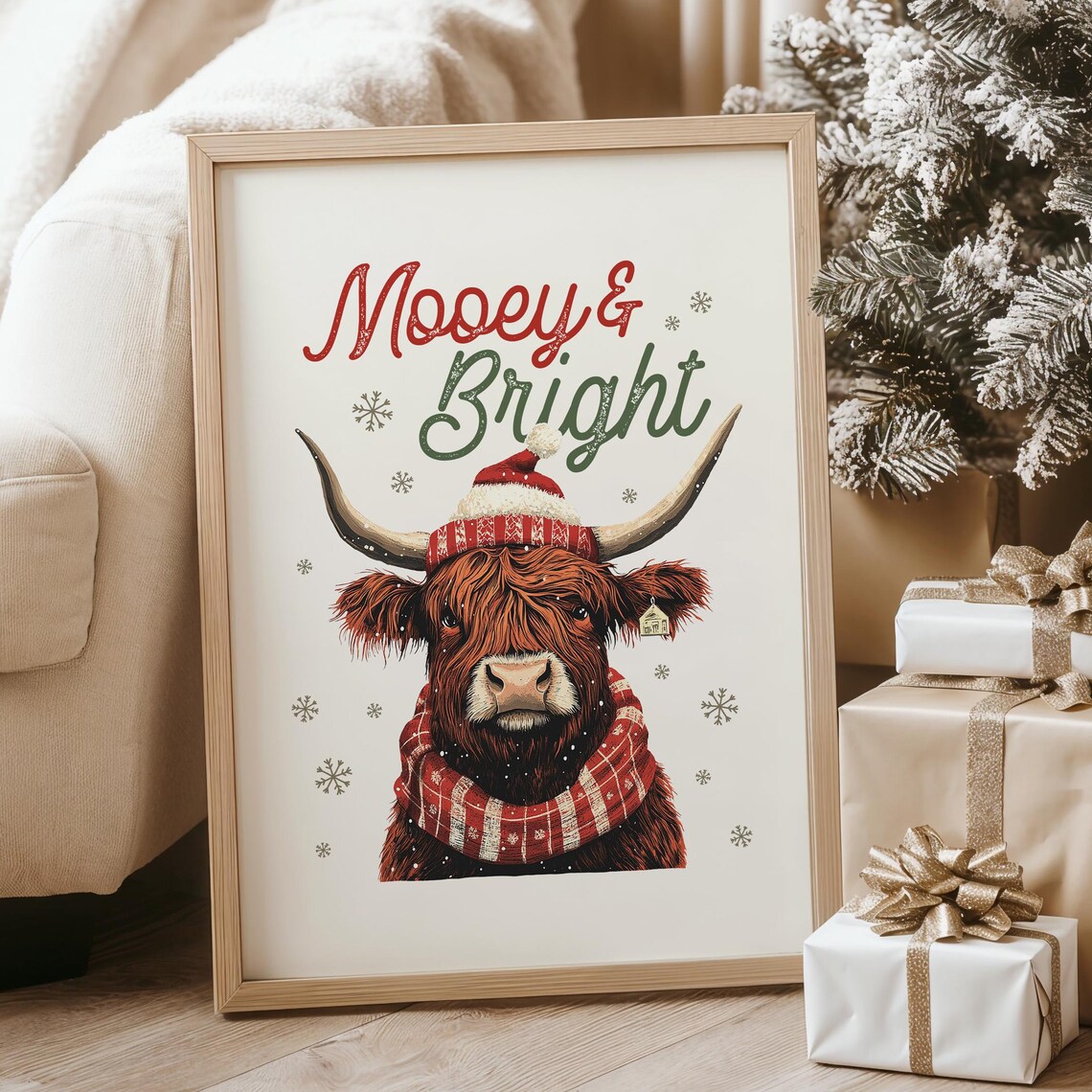 Mooey Christmas Farm, Funny Christmas Cow Art Print