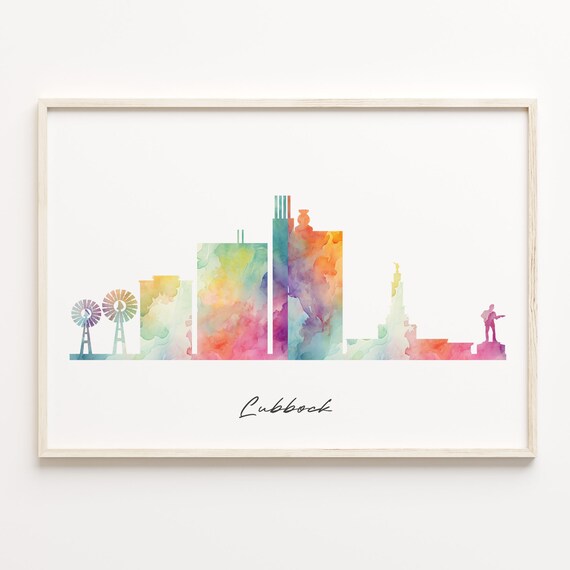Lubbock Watercolor Skyline Texas Cityscape Travel Art Poster
