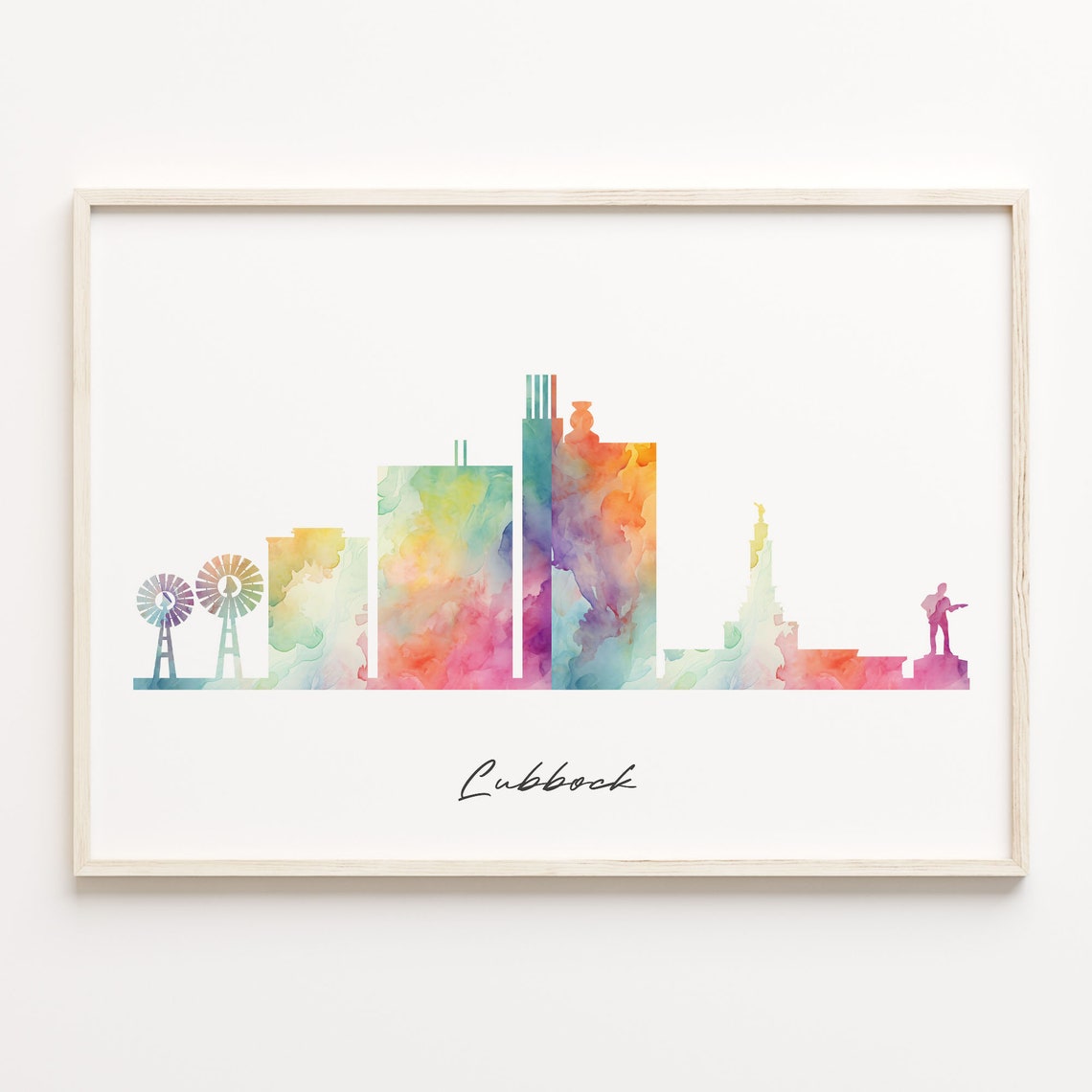 Lubbock Watercolor Skyline Texas Cityscape Travel Art Poster