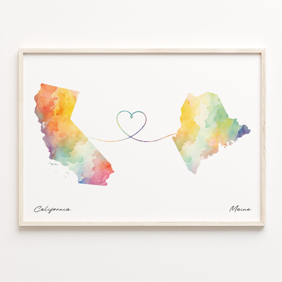 California to Maine Watercolor Map Long Distance Love Heart Gift Poster