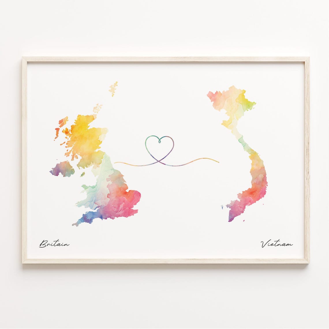 Britain To Vietnam Watercolor Map Heart Long Distance Gift Poster
