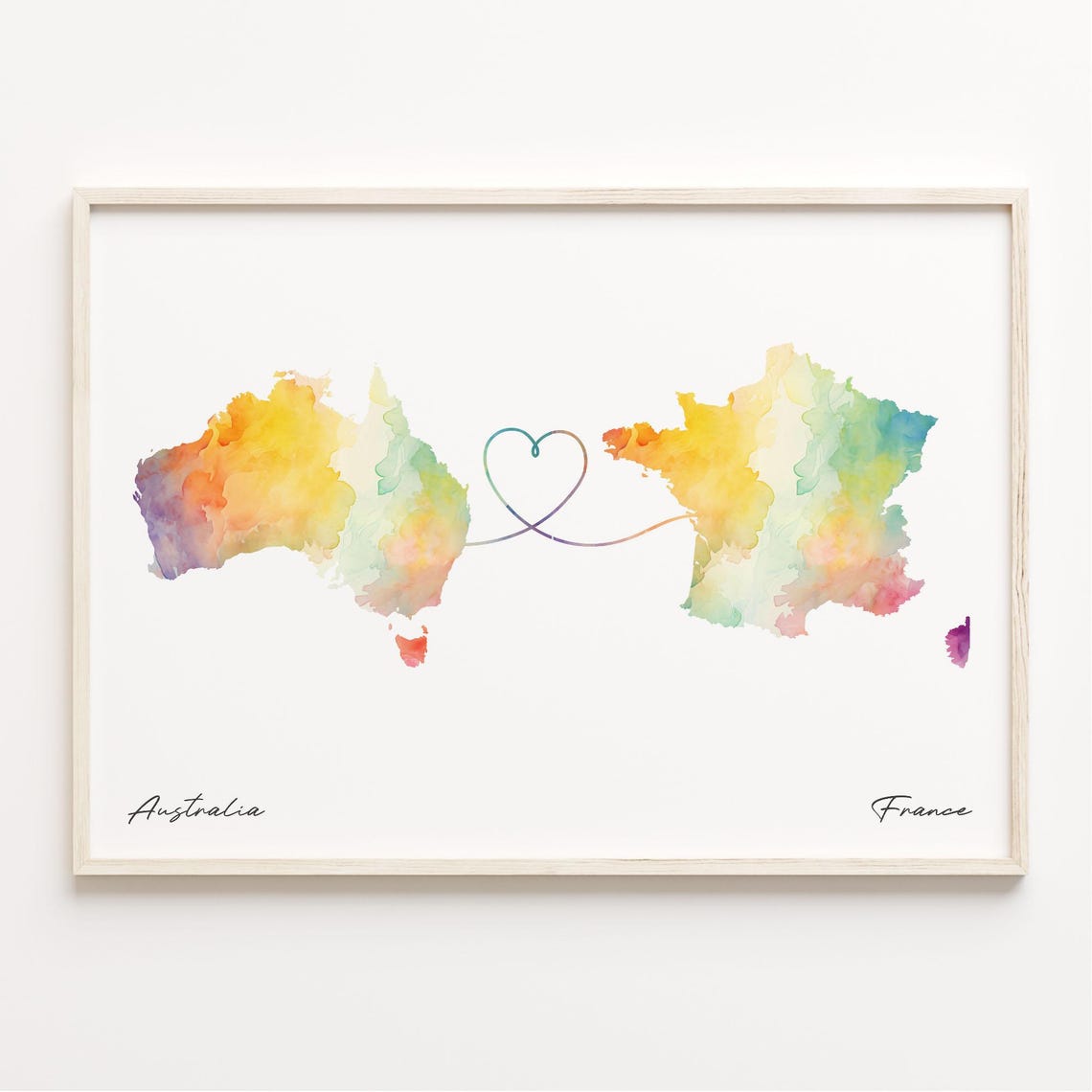 Australia To France Watercolor Map Heart Line Connection Travel Poster