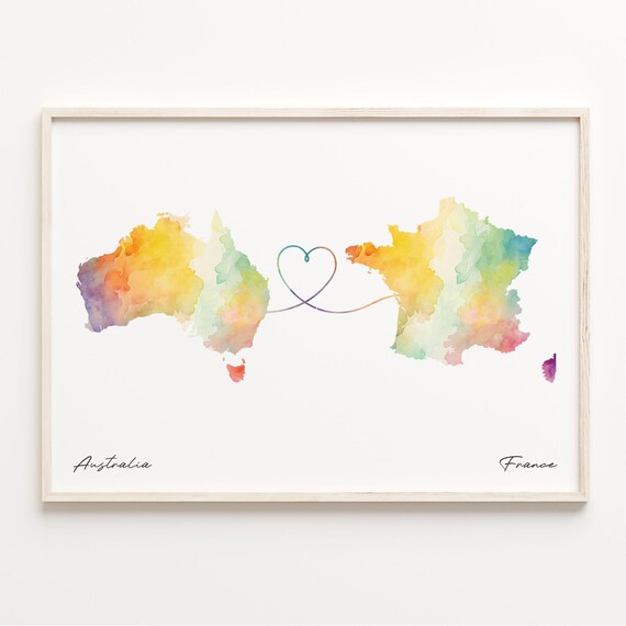 Australia To France Watercolor Map Heart Line Connection Travel Poster