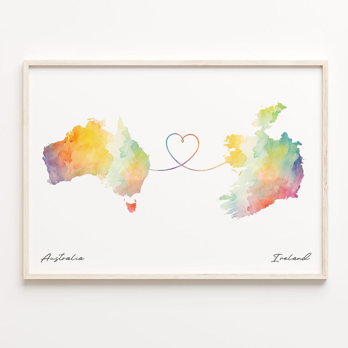 Australia to Ireland Long Distance Watercolor Heart Map Art Print