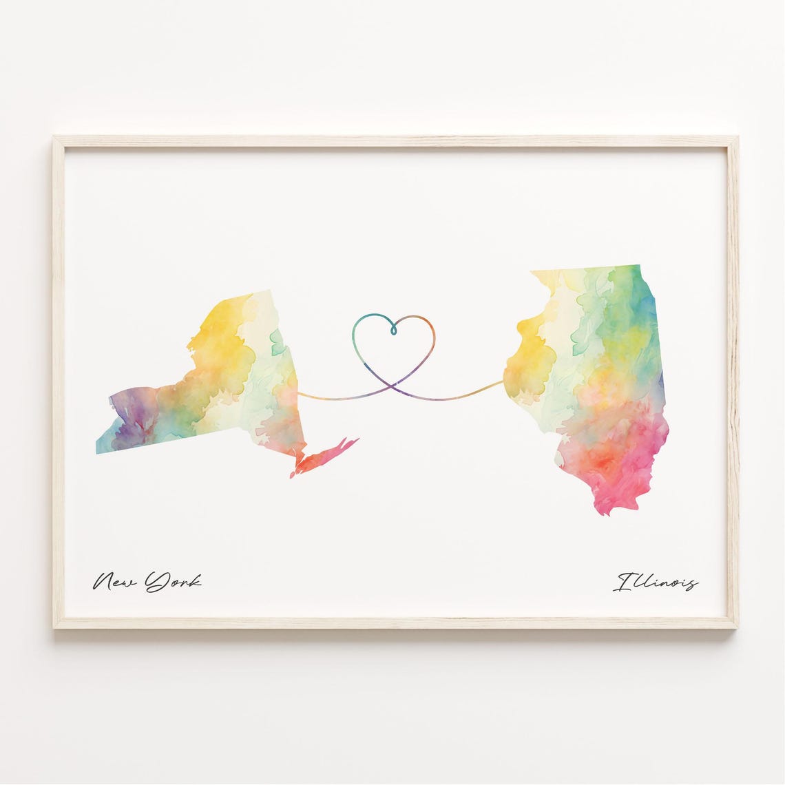 New York to Illinois Watercolor Heart Map Long Distance Gift Poster