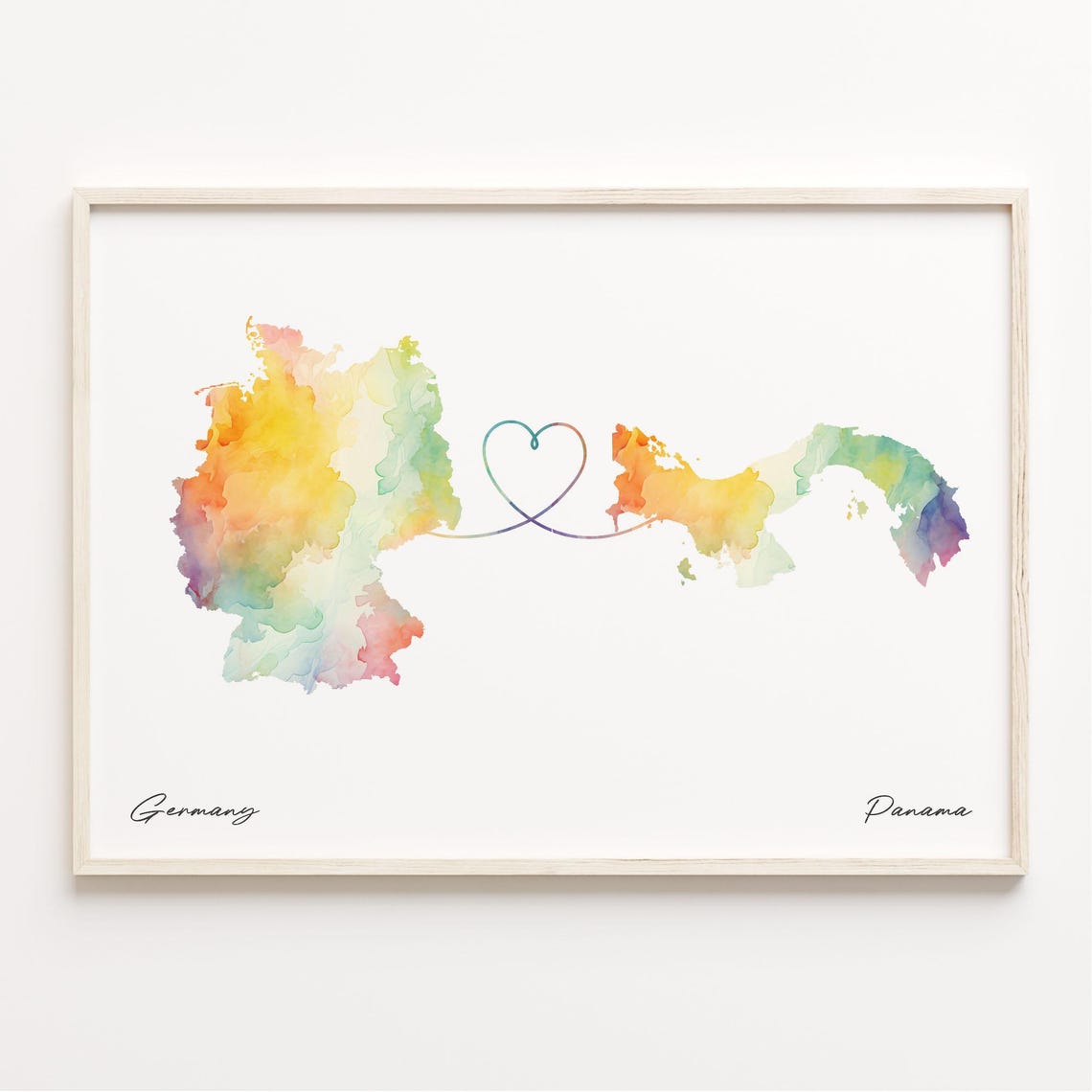 Germany to Panama Watercolor Map Poster with Heart Connection