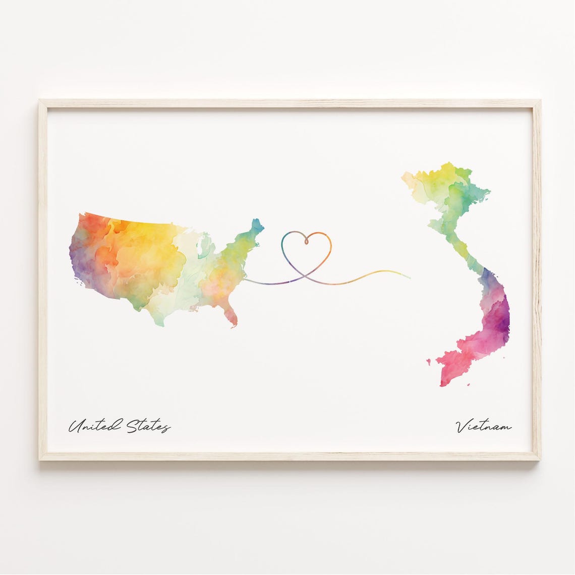 United States to Vietnam Watercolor Heart Map Romantic Love Print