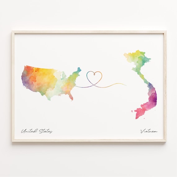 United States to Vietnam Watercolor Heart Map Romantic Love Print