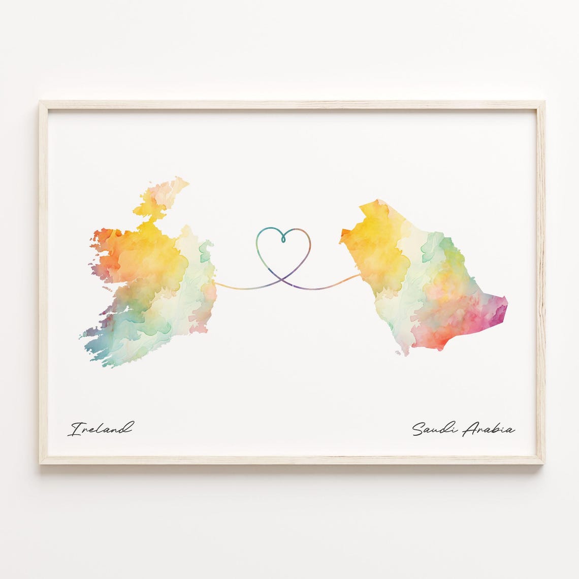 Ireland To Saudi Arabia Watercolor Heart Connection Map Poster