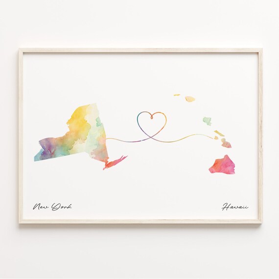 New York to Hawaii Watercolor Map Long Distance Love Heart Poster
