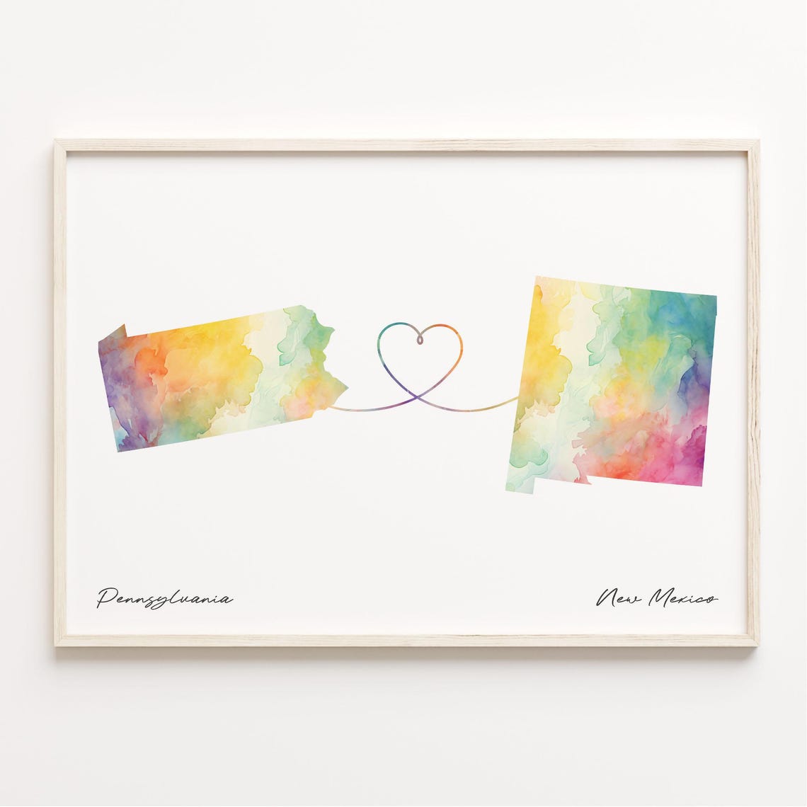 Pennsylvania to New Mexico Watercolor Map Heart Connection Poster