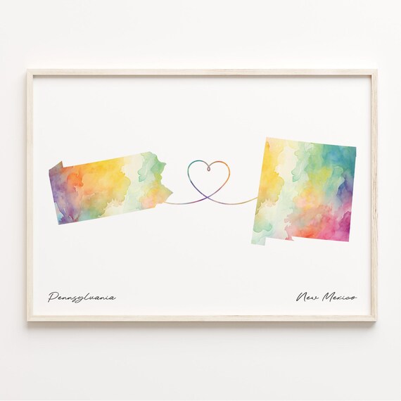 Pennsylvania to New Mexico Watercolor Map Heart Connection Poster