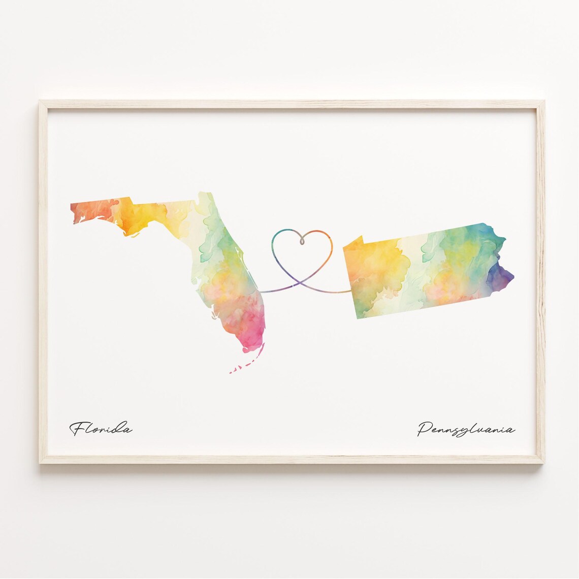 Florida and Pennsylvania Watercolor Map Heart Long Distance Love Poster