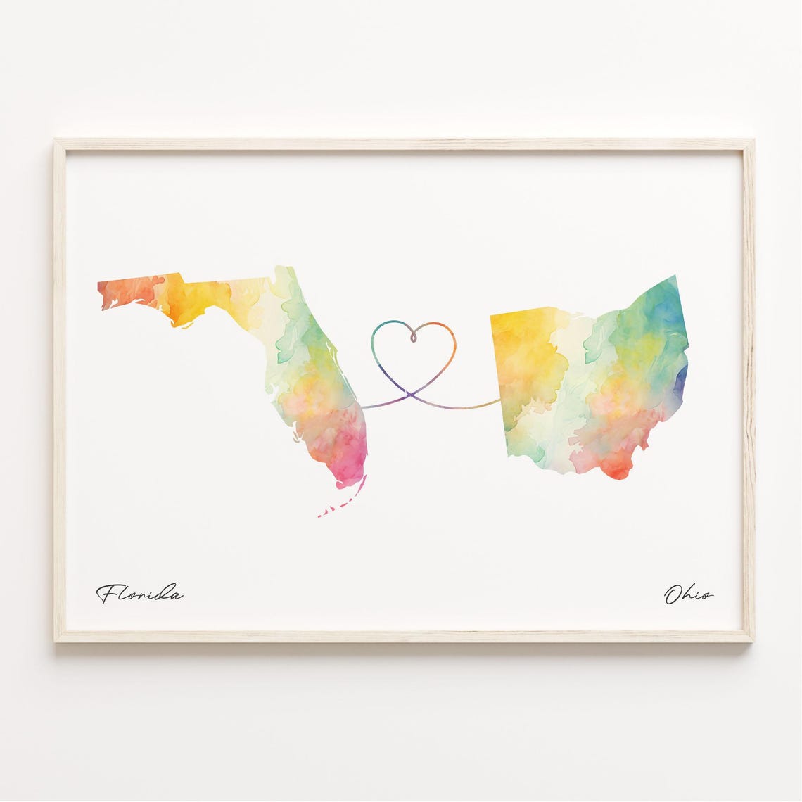 Florida Ohio Watercolor State Map Long Distance Heart Poster