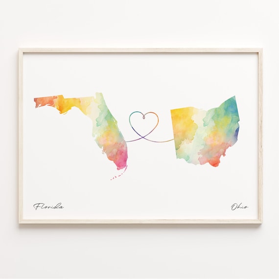 Florida Ohio Watercolor State Map Long Distance Heart Poster
