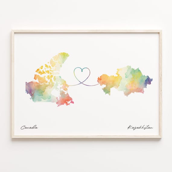 Canada to Kazakhstan Watercolor Map Poster, Travel