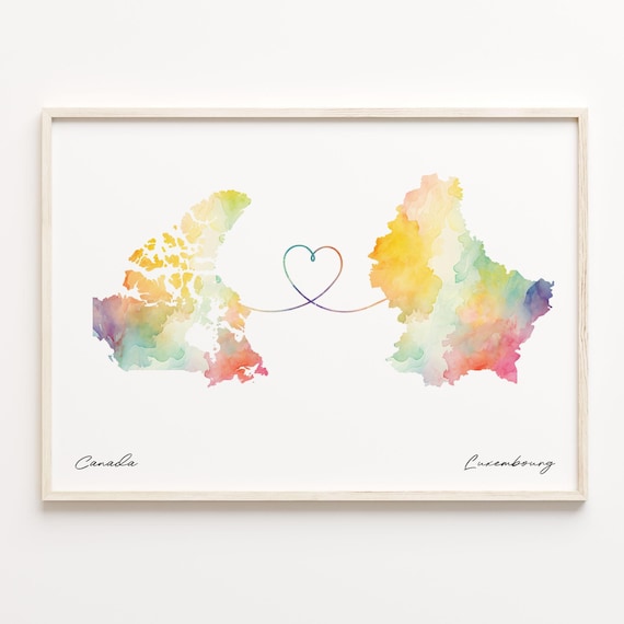 Canada to Luxembourg Watercolor Map Heart Long Distance Poster