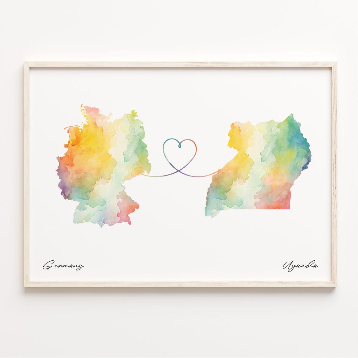 Germany Uganda Watercolor Heart Map Long Distance Love Gift Wall Art