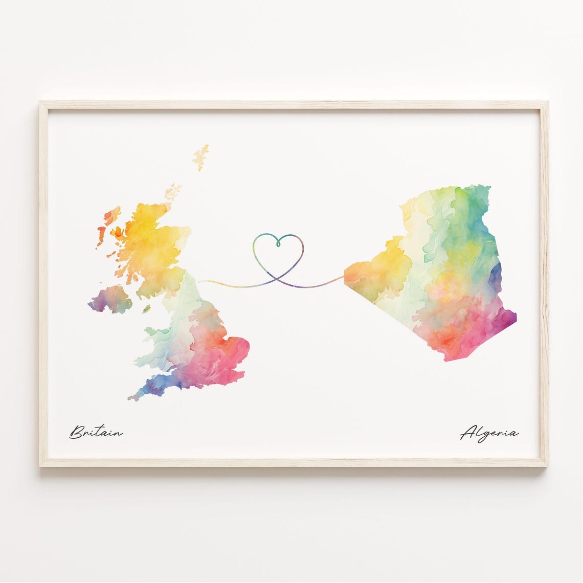 Britain to Algeria Watercolor Heart Map Long Distance Love Print