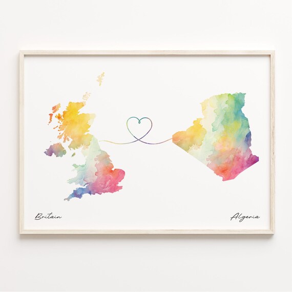 Britain to Algeria Watercolor Heart Map Long Distance Love Print