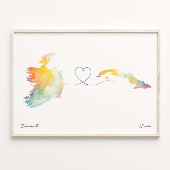 Ireland To Cuba Watercolor Heart Map Long Distance Love Poster