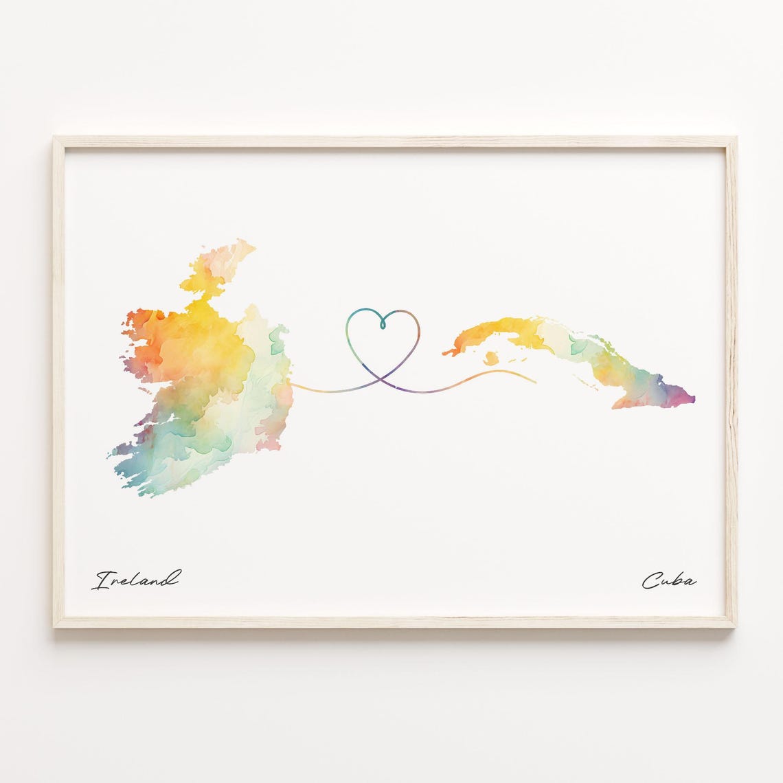 Ireland To Cuba Watercolor Heart Map Long Distance Love Poster