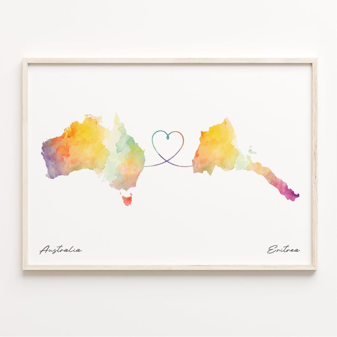 Australia To Eritrea Romantic Watercolor Love Map Heart Poster