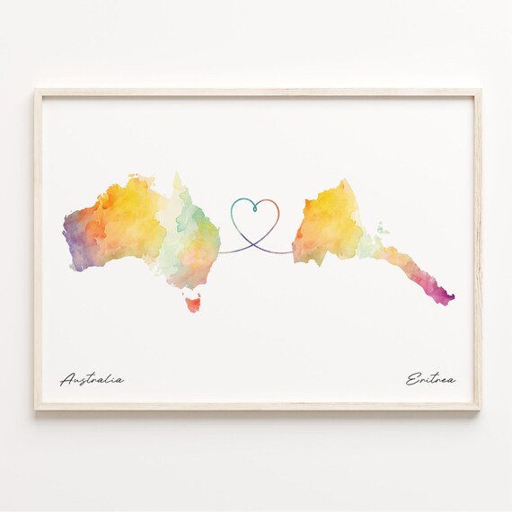 Australia To Eritrea Romantic Watercolor Love Map Heart Poster