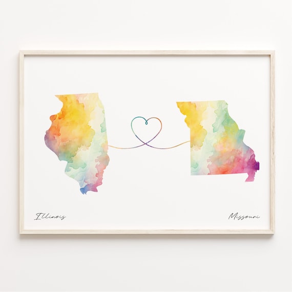 Illinois to Missouri Watercolor Heart Map Long Distance Poster