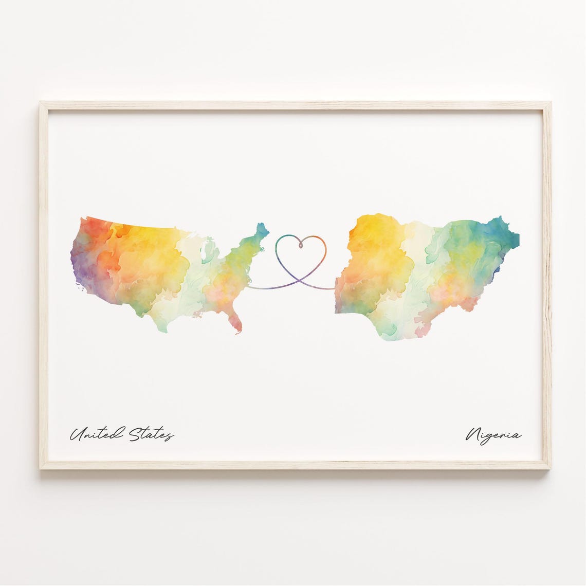 United States To Nigeria Long Distance Watercolor Map Heart Art Print