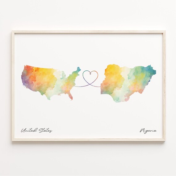 United States To Nigeria Long Distance Watercolor Map Heart Art Print