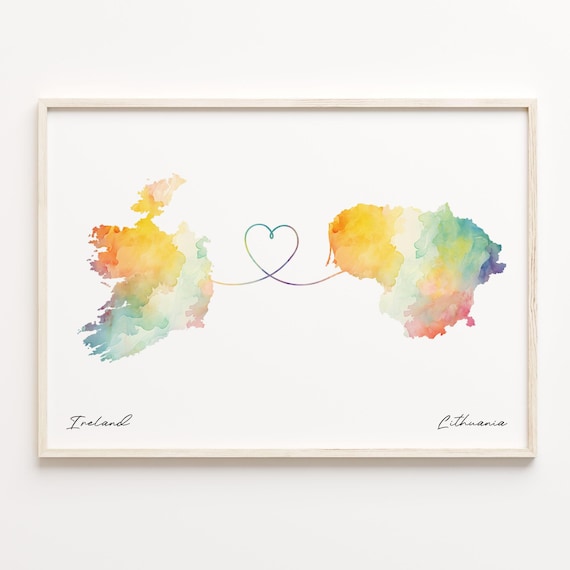 Ireland And Lithuania Watercolor Map Heart Ribbon Art Poster