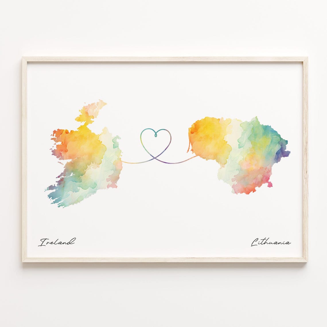 Ireland And Lithuania Watercolor Map Heart Ribbon Art Poster