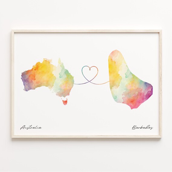 Australia To Barbados Watercolor Map Heart Line Connection Travel Poster