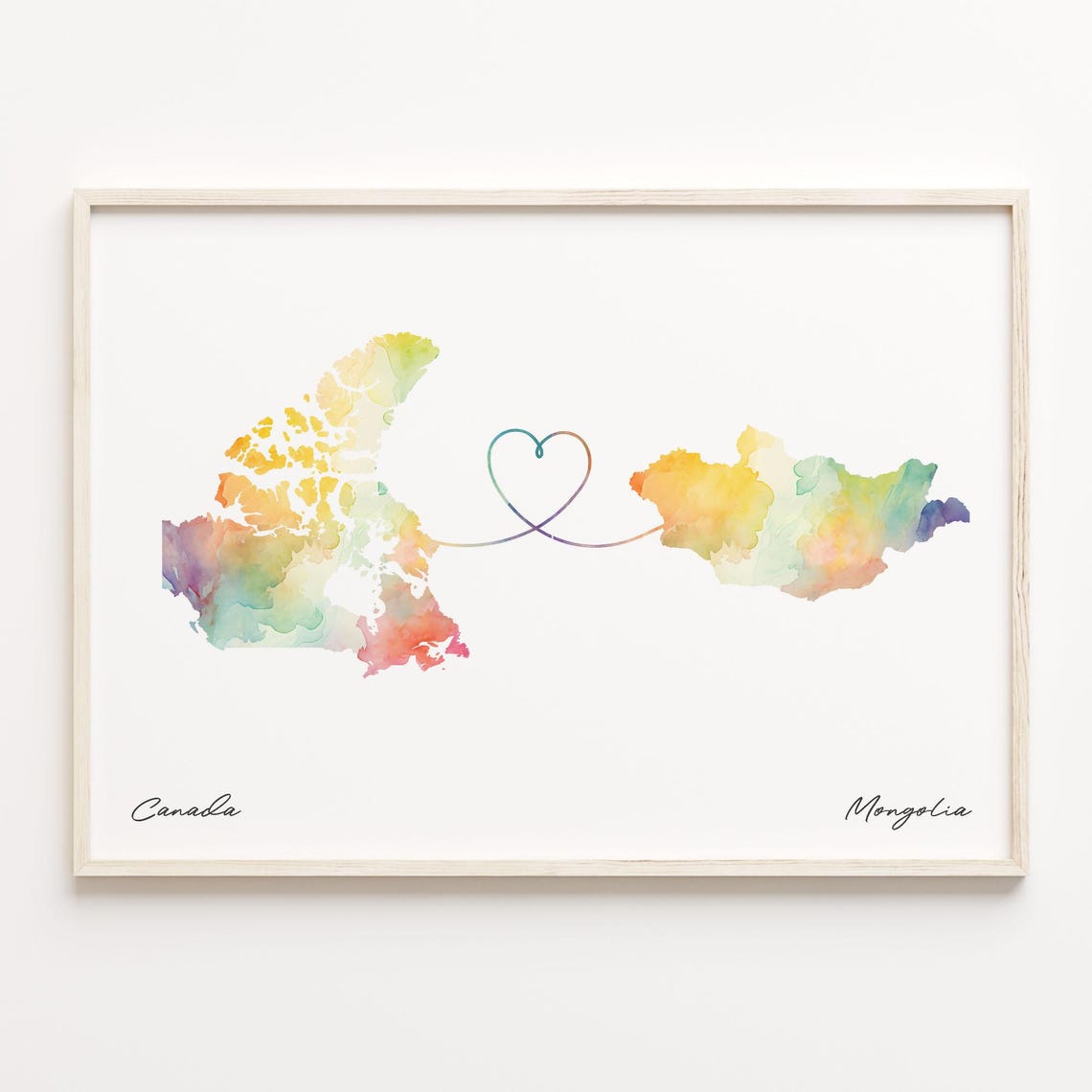 Canada To Mongolia Watercolor Map Heart Connection Gift Poster
