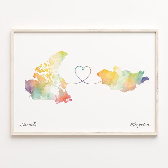 Canada To Mongolia Watercolor Map Heart Connection Gift Poster