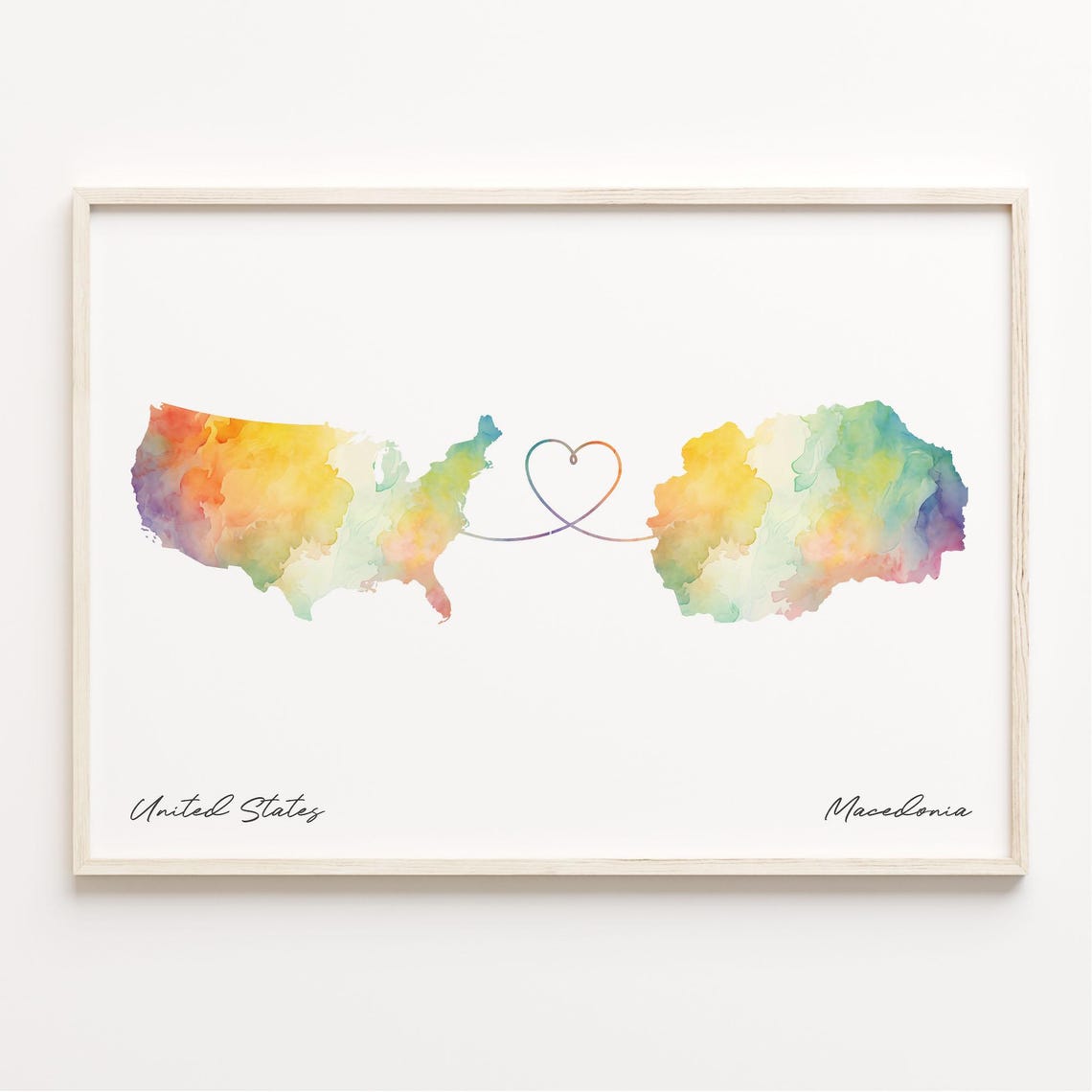 United States To Macedonia Watercolor Heart Map Connection Poster