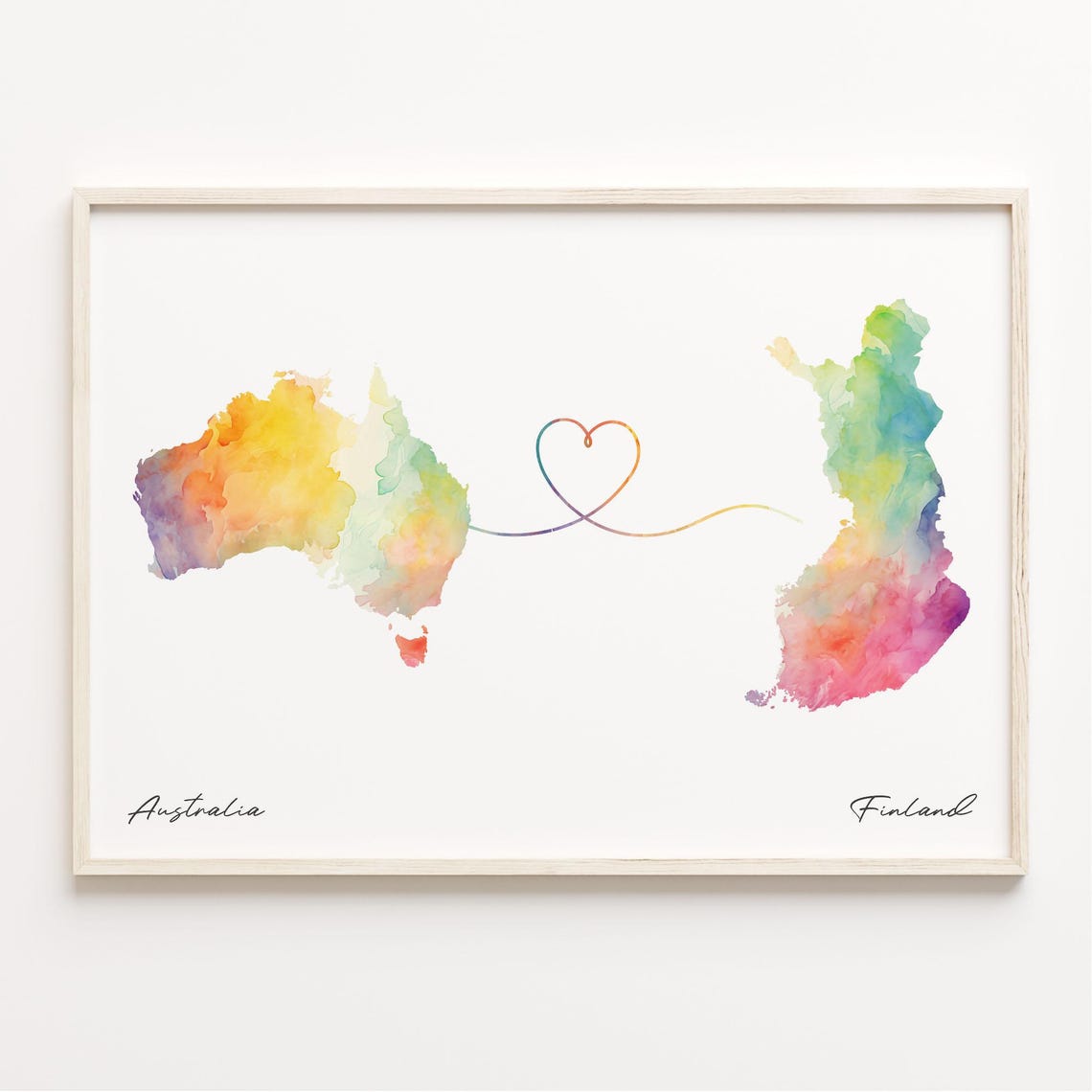 Australia To Finland Watercolor Heart Map Connection Travel Poster
