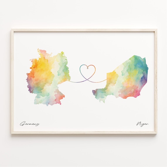 Germany To Niger Watercolor Map Heart Long Distance Love Poster