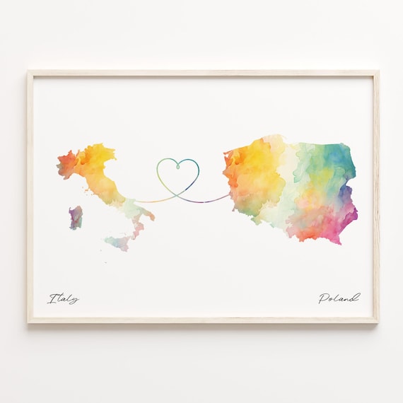 Italy To Poland Watercolor Map Heart Long Distance Love Print