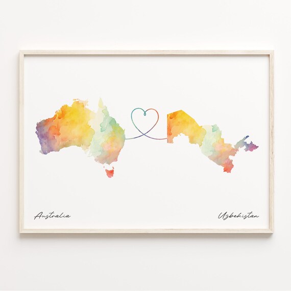 Australia to Uzbekistan Watercolor Heart Map Love Connection Poster