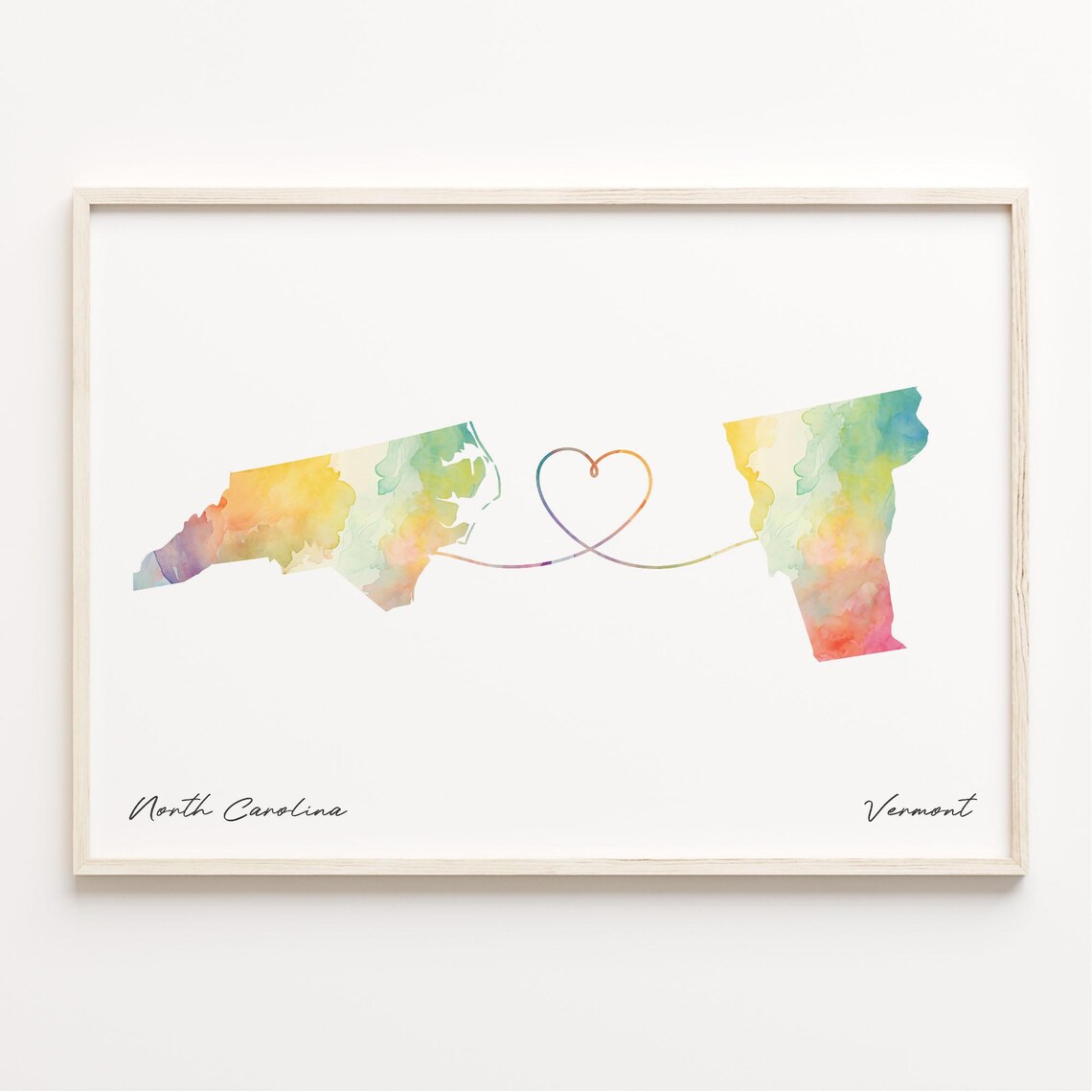 North Carolina to Vermont Watercolor Map Long Distance Love Print