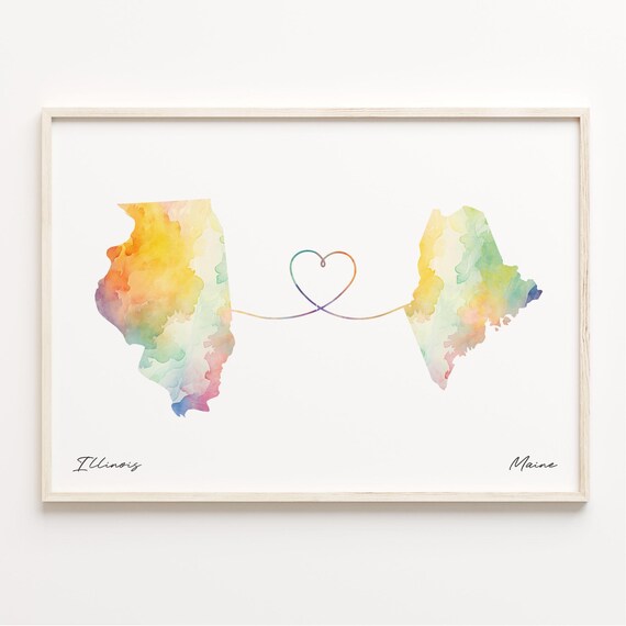 Illinois To Maine Long Distance Love Watercolor Heart Map Poster